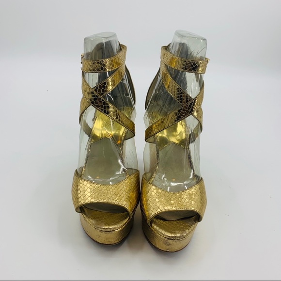 Michael Kors Gold Metallic Snakeskin Sandal Wedges - Picture 3 of 8